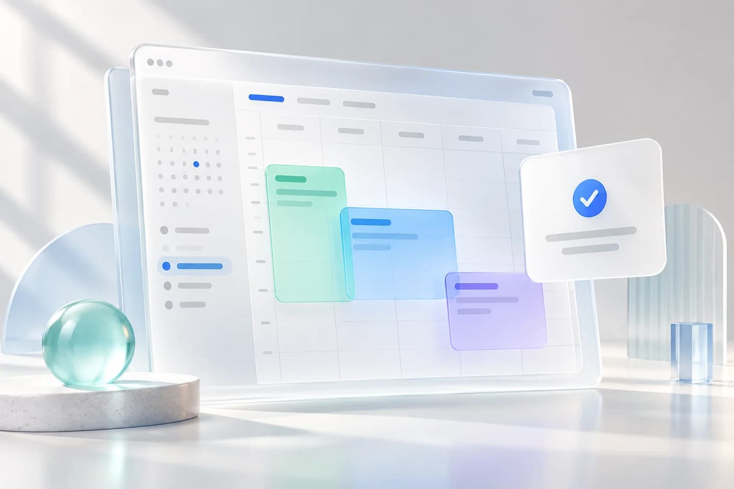 A glass scheduling calendar with appointment blocks and a confirmation panel