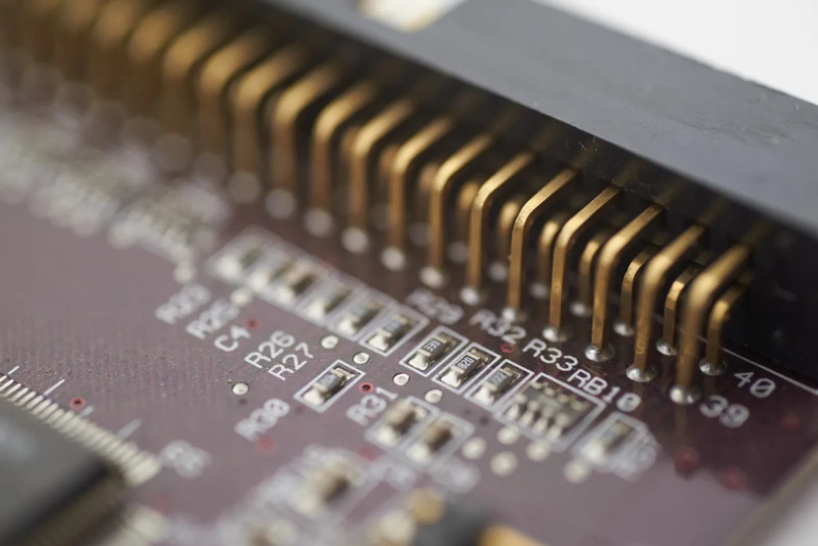 Close up of a circuit board, discrete components soldered onto one shared board