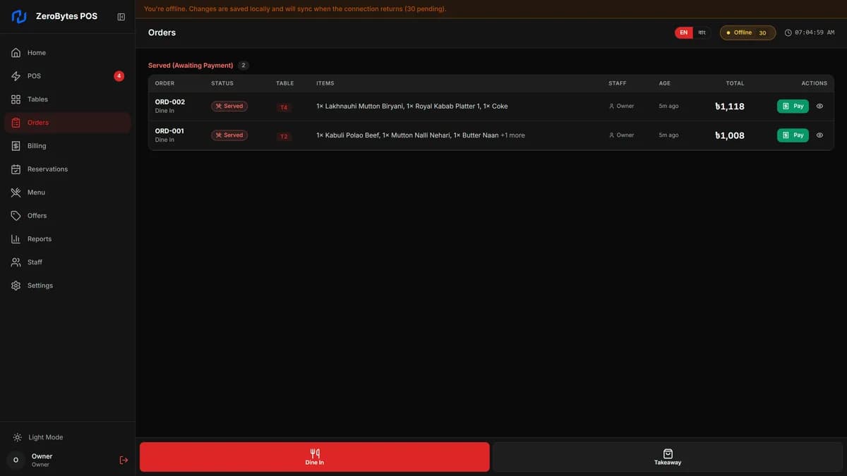 The ZeroBytes POS order queue, showing thirty local changes waiting to sync
