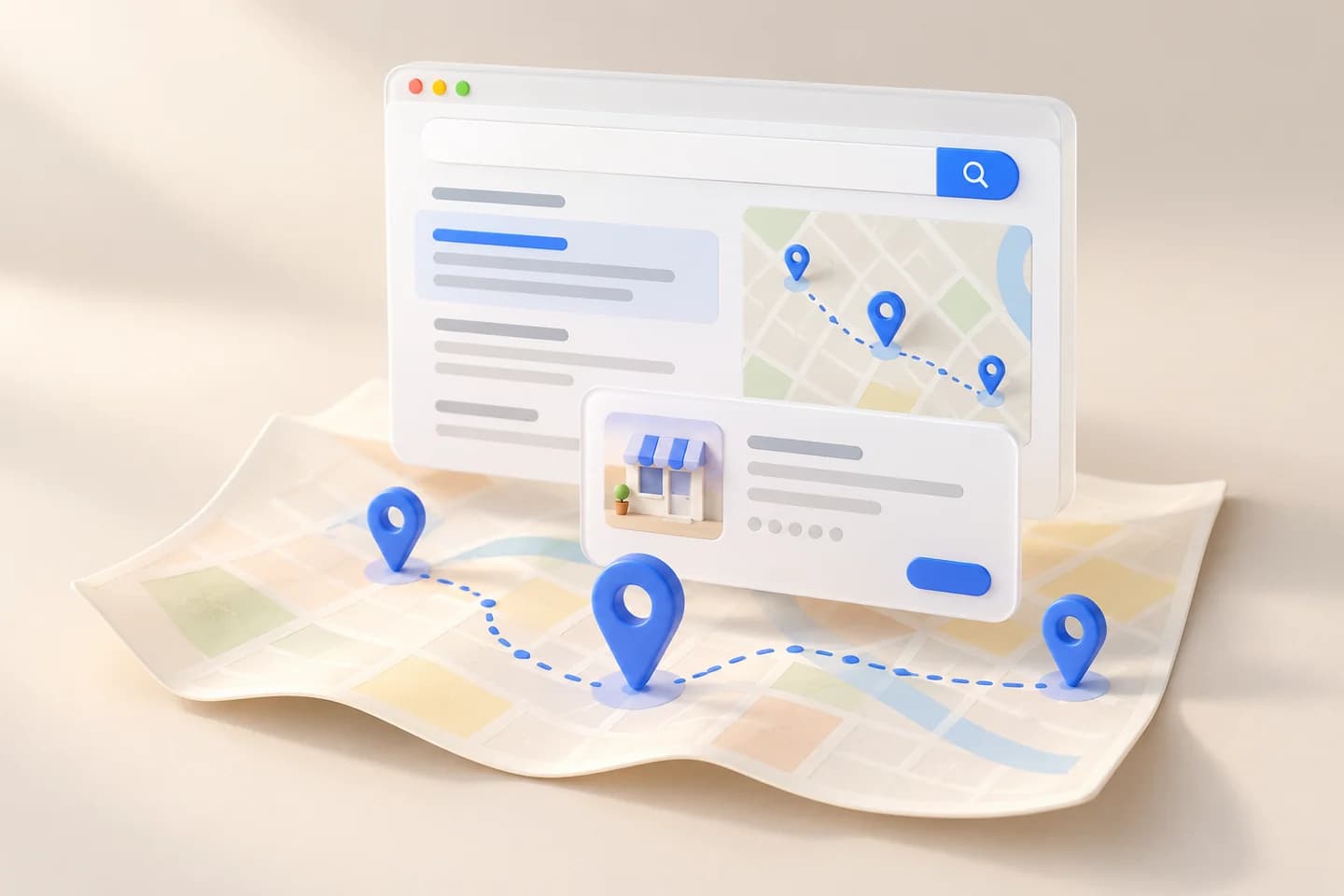 A local business search interface floating above a map with blue location pins