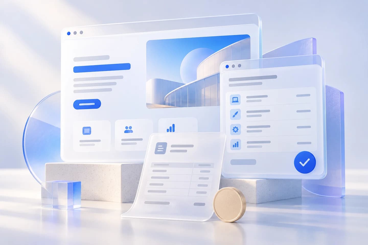 A business website mockup beside a frosted project estimate sheet